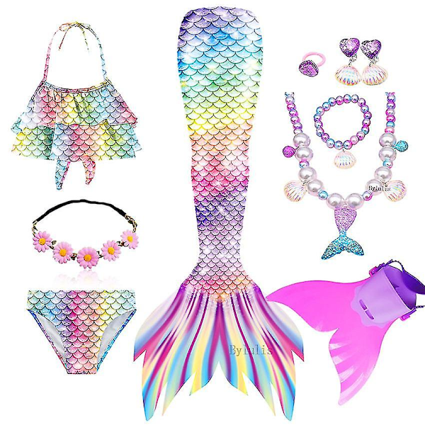 Fantasifulla Barn Mermaid Svansar För Simning För Flickor Halloween Cosplay Kostymer Den Lille Sjöjungfrun Baddräkt Badkläder Pool 110 ( 3-4T) Set113