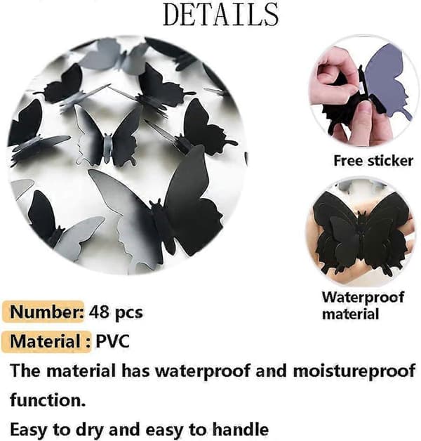 3D Perhosseinäkoriste, 48 KPL (Musta)