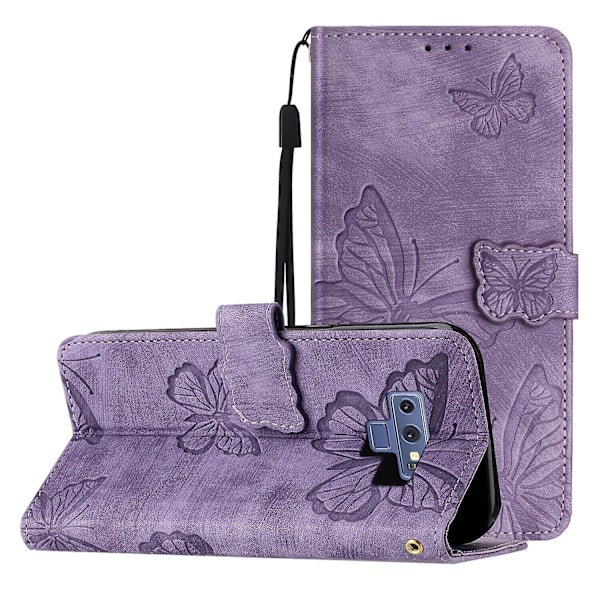 Kompatibel med Samsung Galaxy Note 9 Präglad Fjärilsfodral Med Plånbok Och Stativfodral [DM] Purple