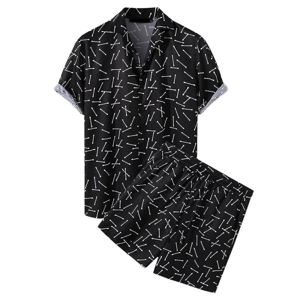 Män Hawaii Boho Summer Outfit Kortärmad skjorta Shorts Set Holiday Beach Black M