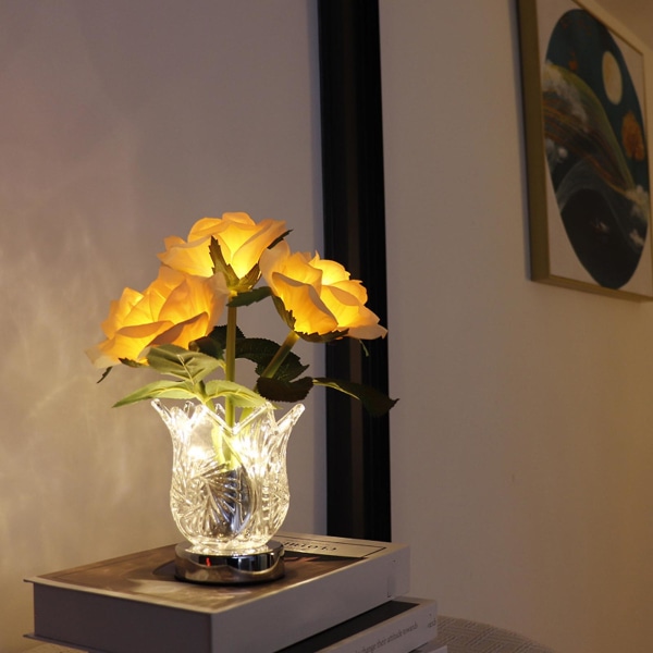 Rosabordslampa, Blomlampa, Batteridriven Rosabordslampa, Konstgjord Blomlampa med Glasvas, Liten Lampa för Sovrum Vardagsrum