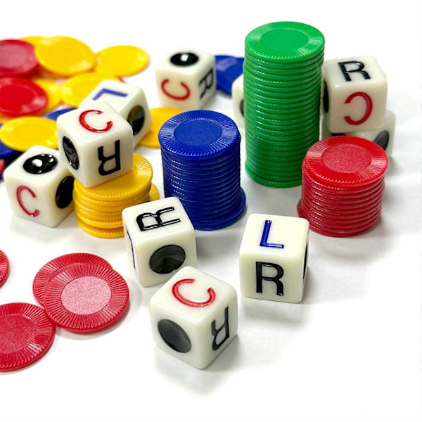 LCR - Left Center Right Terningespill, Prime Sett med 3 Terninger + 24 Brikker, Lett å Oppbevare, Ta Med Seg GREEN B