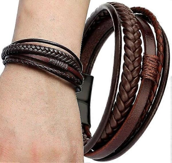 Herre Brun Læderarmbånd, Rustfrit Stål [DB]