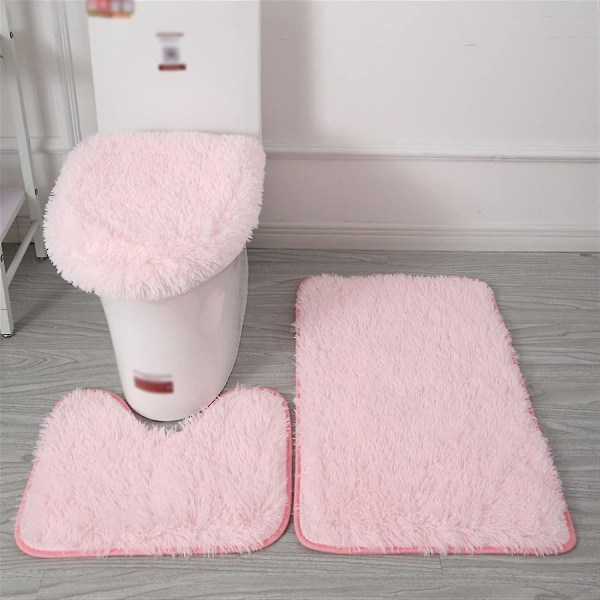 Pink Non-Slip Bath Mat Set, Furry Toilet Contour Mat, Furry Toilet Seat Cover