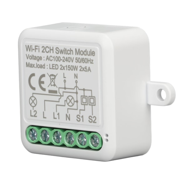 Wifi APP Fjernbetjening Afbryder Relæ Modul WiFi 2CH Lysafbryder Modul til Tuya AC 100‑240V