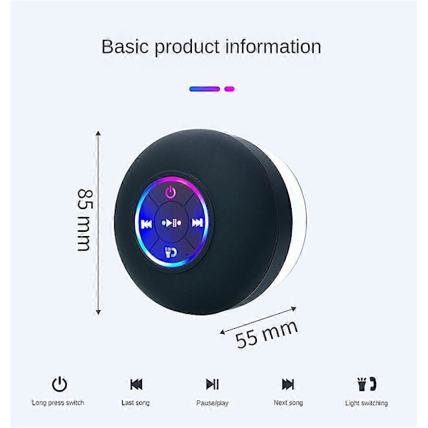 Trådløs Dusjhøyttaler Vanntett 5.0 Bluetooth Høyttaler med Sugkopp Black without stickers