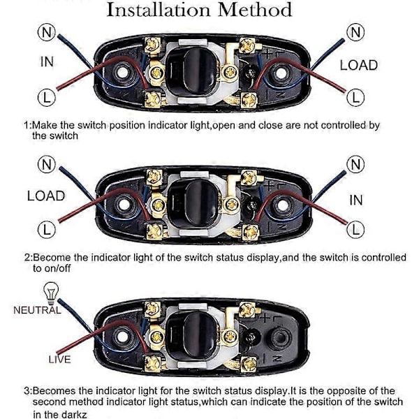 Lampswitch 2 st svart inline-lampswitch 250V 10A mellanliggande switch med LED-indikatorlampa In-line-sladdswitch för sänglampa bordslampa ström
