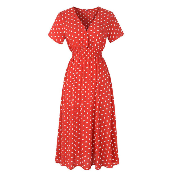 Kvinnor blommig printed klänning V-ringad kortärmad sommarstrand Boho Chiffong midiklänning Red Polka dots L