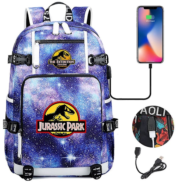Jurassic Park Dinosaurie USB-laddningsryggsäck för pojkar, flickor, barn - Stora skolväskor med stor kapacitet, tonåringar - Vattentät bärbar dator Reseryggsäck 10