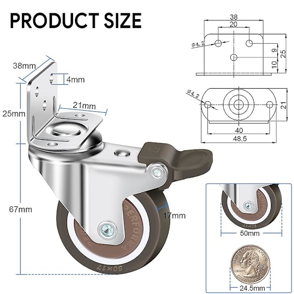 Sett med 4 svingbare hjul 50 mm, 100 kg møbelhjul, L-formet møbelhjul med brems 360 graders rotasjon, for innendørs og utendørs (2 hjul med brems, 2