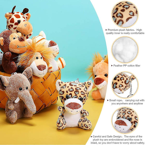 12 stycken Mini Fyllda Djungeldjur Plyschleksaker i 12 cm Söta Plysch Elefant Lejon Giraff Tiger Plysch för Djurtemafester