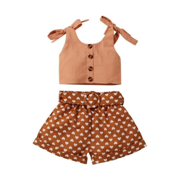Kids Girl Summer Outfit Ärmlös Crop Top + Heart Print Shorts Set Kläder Chocolate 2-3 Years