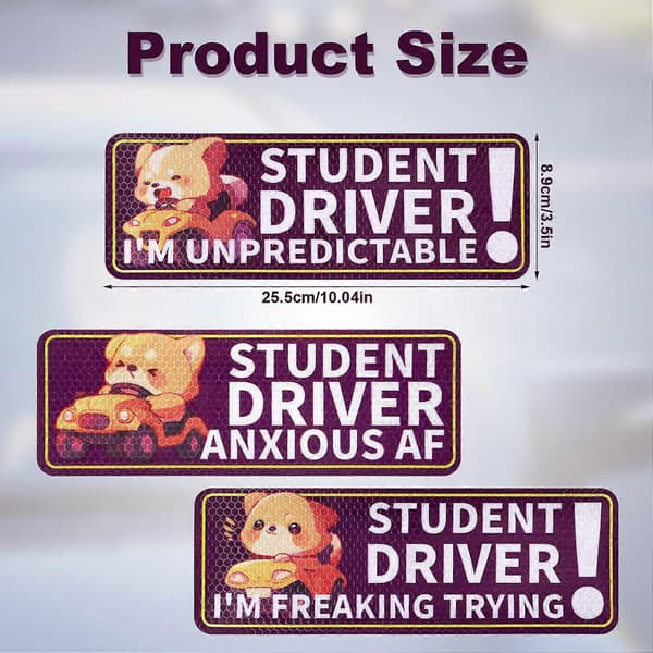3 st Student Driver Magnet för Bil, 25,5x8,9cm Premium Magnetiska Bumper Stickers