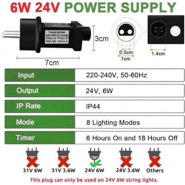Blinkende lyslenker 24V 6W AC-transformator, 8 moduser plugg lyslenker med timerfunksjon, IP44 vanntett adapter for julelys, jul