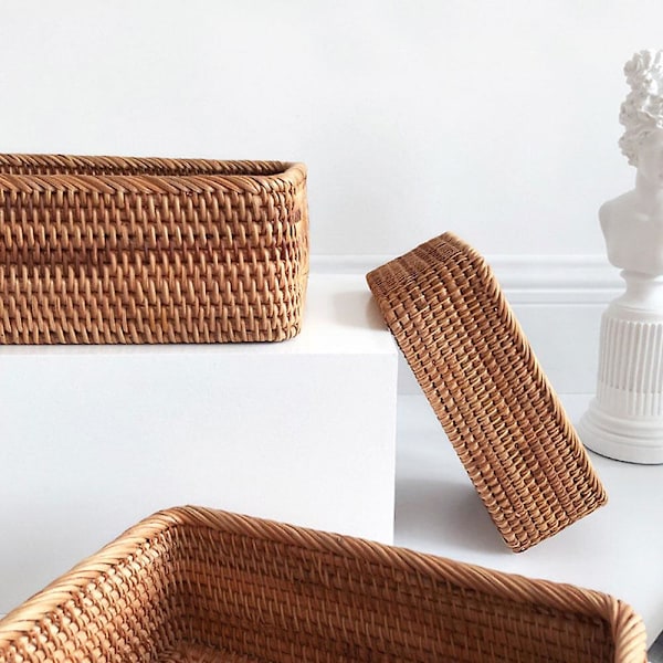 Håndlavet rektangulær vævning rattan flettet kurv frugtbakke brød håndstrikket etui enkel bærbar picnic opbevaringsboks hjem køkkenartikler dekoration A2