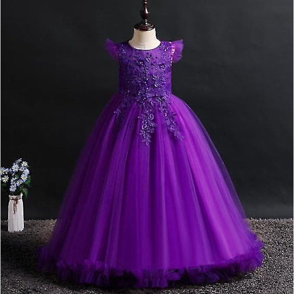 Pige Mesh Princess Kjoler, Børn Lange Sommerkjoler, Pige Klaver Performance Kostumer, Banketkjoler Purple 140