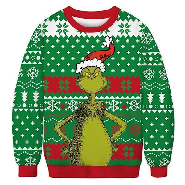 Partröja för par med Grinch-tryck, rund hals, ful jultröja för kvinnor och män, långärmad, grön monstertröja, tröja, topp B XL