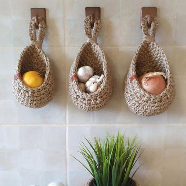 3-pack väggmonterade frukt- och grönsaks korgar, Jute hängande förvaringskorg, Handvävd förvaringskorg, För grönsaker, frukt, verktygBY F