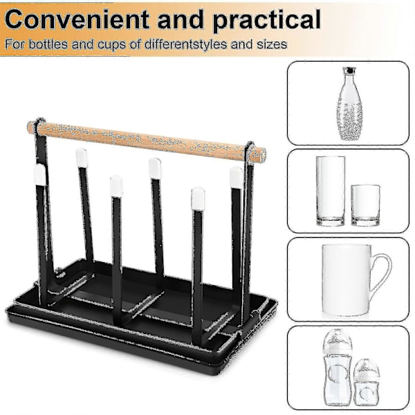 Flaskeholder til Sodastream, Stativ for 6 Flasker, Dryppstativ, Flasker, Metallisk Avrenningsstativ, Flasker, Koppbærer med Dryppbrett for Flasker og Kopper (svart)