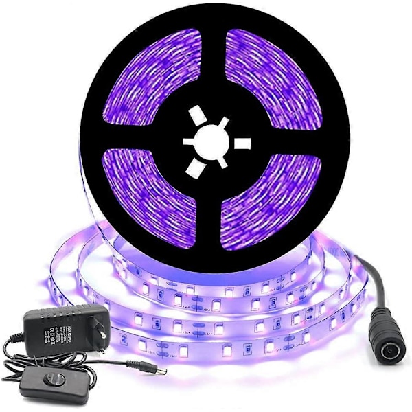 12V Svart UV Fleksibel LED Strip Sett 5M 300leds IP20 300leds SMD2835 Lilla Strip, Transformator/Strømforsyning