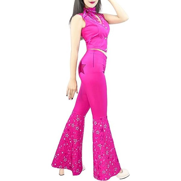 Barbie Hippie Disco Kostym Rosa Flare Byxa Halloween Cosplay För Kvinnor Flickor 2XL