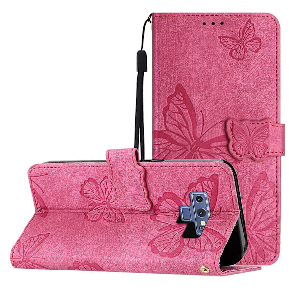 Kompatibel med Samsung Galaxy Note 9 Embossed Butterfly Case med pung og kickstand cover [DM] Rose