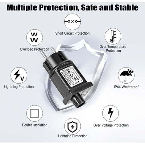 2-pakning 31V 6W LED-strømforsyningstransformator, IP44 lavspent blinkende driveradapter med 8 moduser, timer og minnefunksjon for lyslenker, julelys