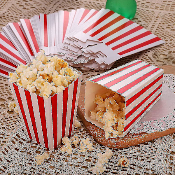 50 kpl Popcorn-laatikot Punainen ja Valkoinen Raidoilla, Pienet Paperiset Makeisraskat, Retro