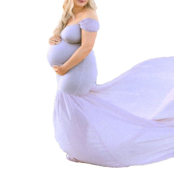 Gravid kvinnors off Shoulder-fotografering Gravid Maxiklänning Fotoklänningar D Violet