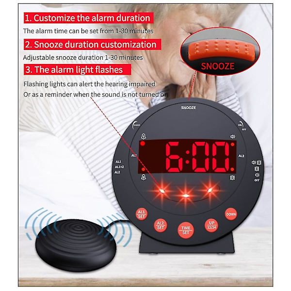 Hög ljudalarmklocka med sängvibrator Stor LED-display för sovrum