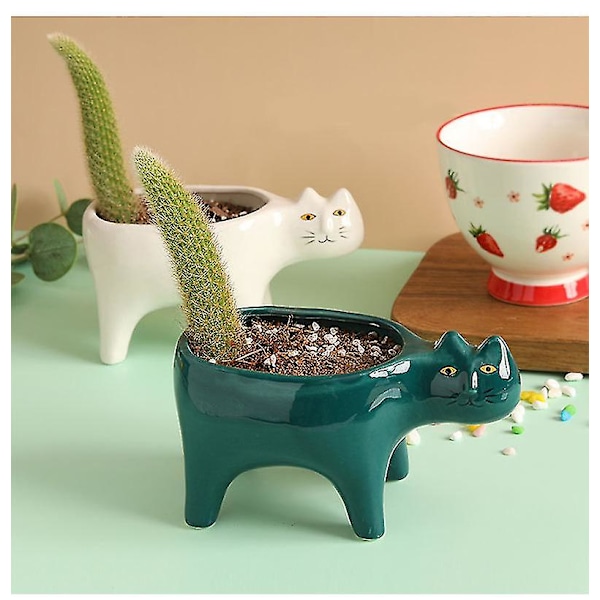 Blomkrukor Söta Katt Succulent Planter Växtbehållare Vit + Grön 2 st