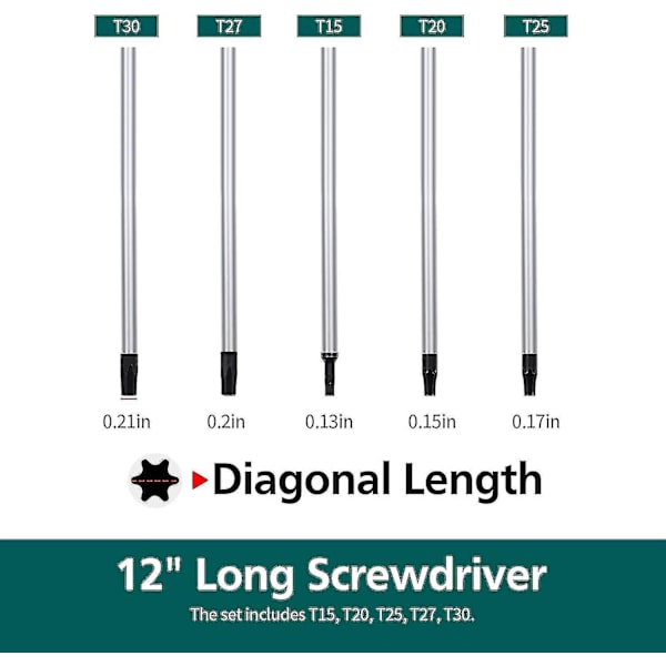 Extra Långa Torx-Skruvmejslar Set, 5st 12 tum Magnetiska Torx-Skruvmejslar Set, T15 - T30 (t15,t20,t25,t27,t30) Magnetiska Torx-Förare Stjärnmejslar Set