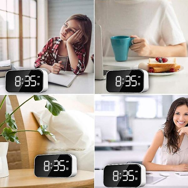 Digital väckarklocka för sovrum, sängbordsklocka med 6 ljusstyrkenivåer, snooze, (vitt utseende + vit text)