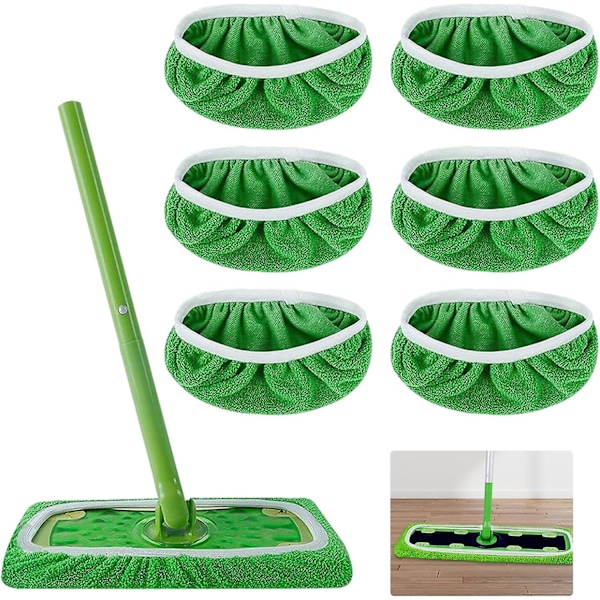 Set med 6 moppar: återanvändbara moppar torra/våta moppar återanvändbara mikrofiber tvättbara för alla golvtyper Förbättrad version