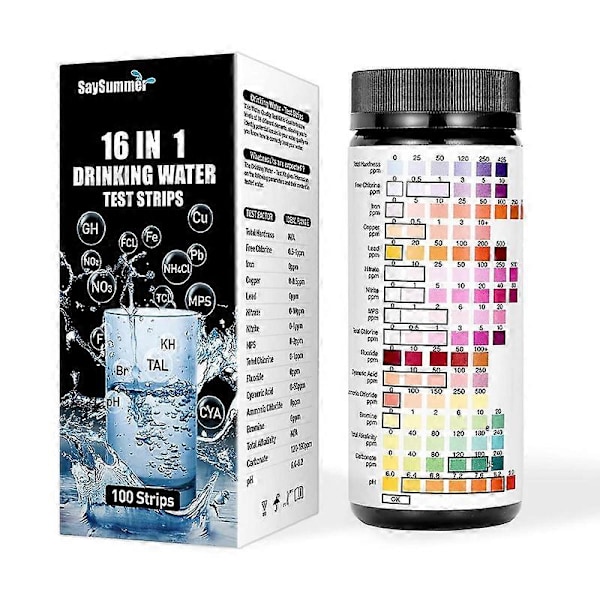 Drikkevann Teststrips, 16 I 1 Vanntestsett kompatible Drikkevann 100stk Vannteststrips kompatible Brønn Kranvann Kvalitetstesting co