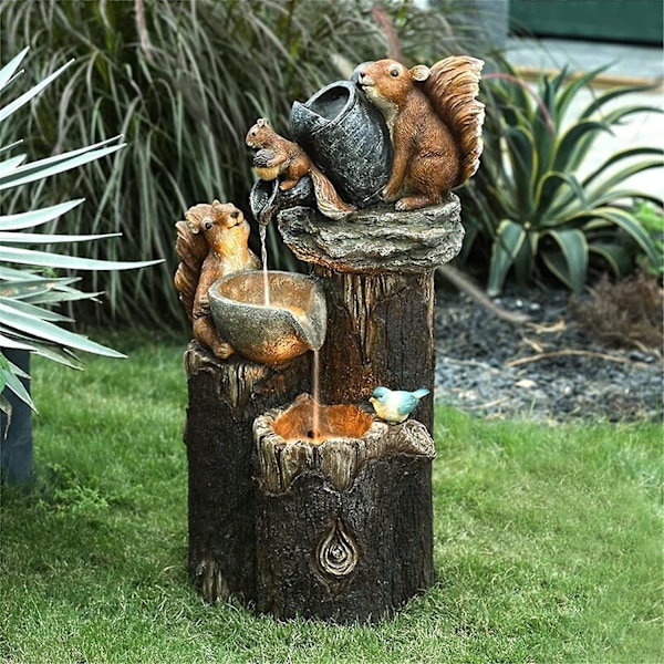 Solcelled Egern Stakket Vandfaldspringvand med LED-lys og Pumpe, Harpiks Egern Have Springvand Statue til Udendørs Terrasse HaveBY