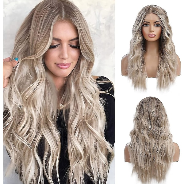 Lång Ombre Blond Lace Front Peruk för Kvinnor Naturligt Vågig Daglig Hårsyntetisk Lace Peruk (FMY)