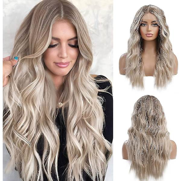 Pitkä Ombre Blonde Lace Front -peruukki Naisille Luonnollinen Aaltoileva Päivittäinen Hiukset Synteettinen Lace Peruukki (FMY)