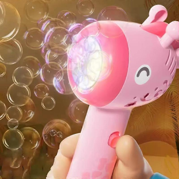 Dyrebobleblæserstav med løsning Giraf Boblemaskine Maker med lys 10 hul lys op automatisk boblemaskine Pink