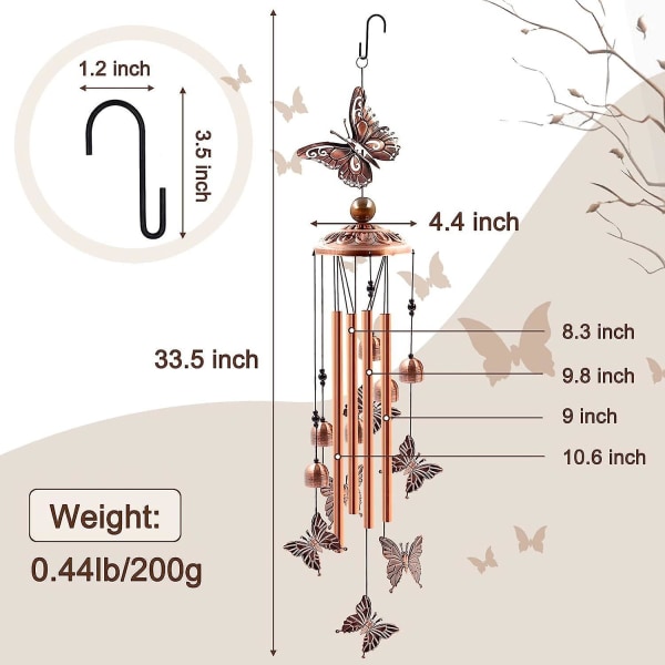 Udendørs vindklokker, sommerfugle vindklokker i aluminiumrør, S-krog, havedekoration, varm gave