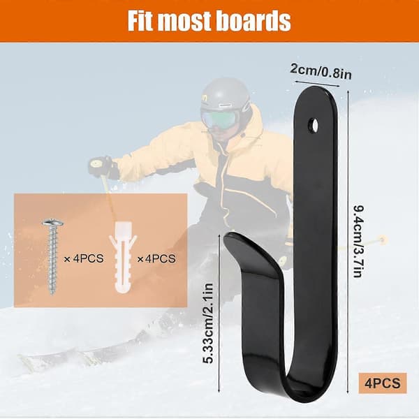 4 stk. Horisontale snowboard-displaystativer, vægmonteringsclips, pladsbesparende design