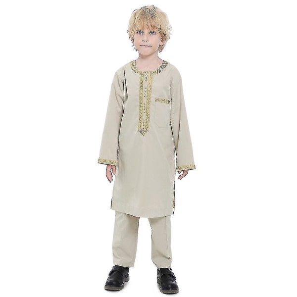 Barns pojke muslimska kläder Kaftan Outfit Set - Mellanöstern Barn Broderad dräkt Kostym Rundhalsad Islamisk Klänning Arabisk Klädsel Beige 14-15Years