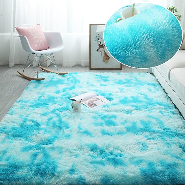 Hårete regnbue tæpper til børneværelse bløde lodne tæpper stue børneværelse babyværelse børnehave legerum søde værelse indretning gulvtæppe Tie Dye Light Blue 80x120cm