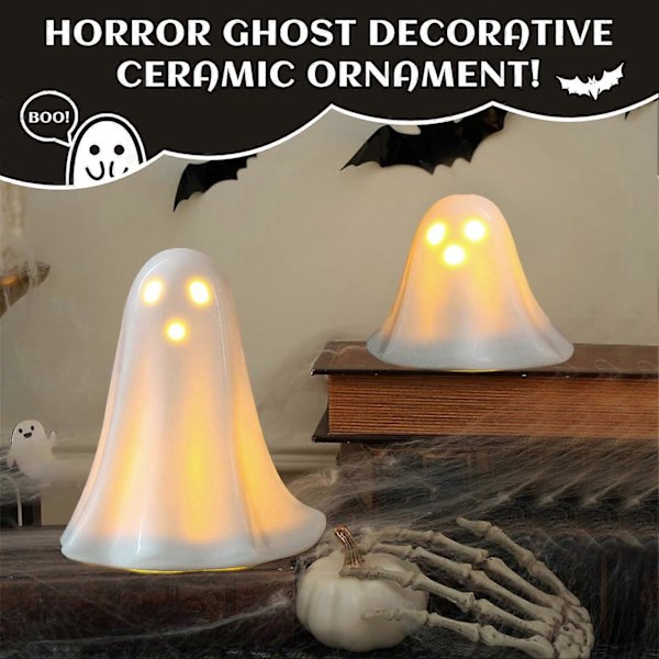 2 stk LED Keramiske Spøkelser Små Hvite Spøkelsesfigurer, Lysende Spøkelsesdekor, Små LED Spøkelses Halloween Dekor Skumle Skulpturer