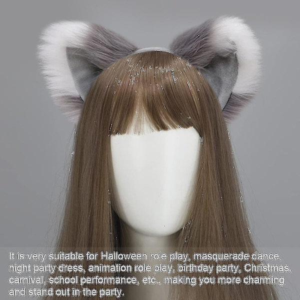 Revhale og ører, katt ulv vaskebjørn ører hale sett, dyr pels hale, ører pannebånd, Halloween jul kostyme grey White