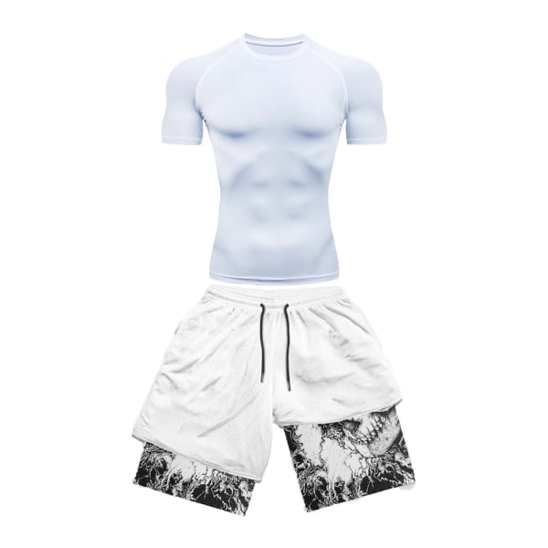 Herre Kompressionssæt Sports Fitness Hurtigtørrende Sæt Stram Kortærmet Anime Dobbelt Lag Shorts Sommer blue M