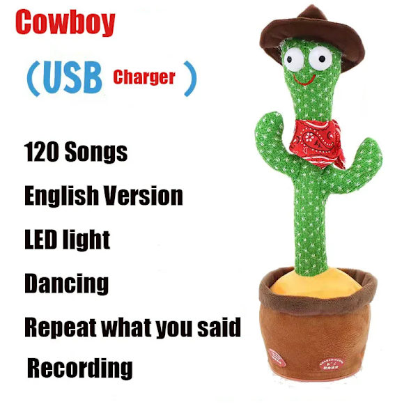 Dansande kaktus Pratar kaktus Baby Sjung 120 st Musiklåtar Inspelning USB laddare Repeterar vad du säger Presenter till barn Cowboy