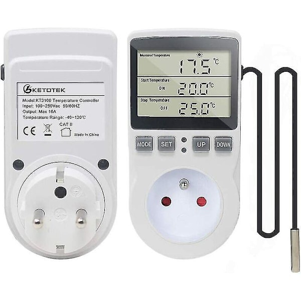 Stikkontakt Termostat Digital Temperaturregulator Opvarmning Køling Med Sonde, LCD Stikkontakt Temperaturregulator Timer Til Akvarium Inkubator Drivhus