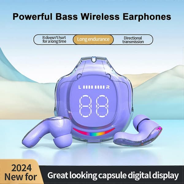 Bluetooth-kompatible øretelefoner med berøringskontroll, LED-display, omsluttende stereolyd og energisparende design Purple