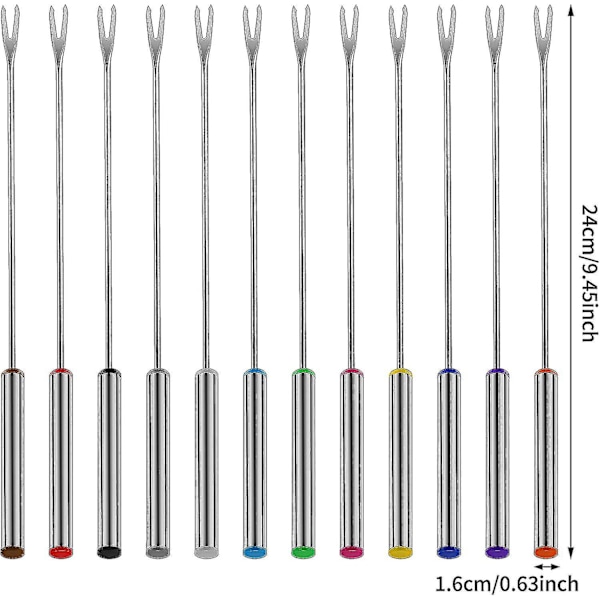 12 stk fonduegafler, 9,5 tommers rustfritt stål fonduepinner med varmebestandig håndtak for ostesjokoladefondue stekt kjøtt